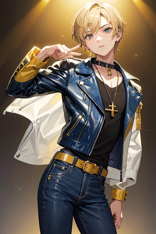 16 year old boy, blonde hair short on the sides and pointed up, gray eyes, blue leather jacket yellow shirt with musical print blue jeans slim build black belt gold cross necklace looking directly at viewer white background