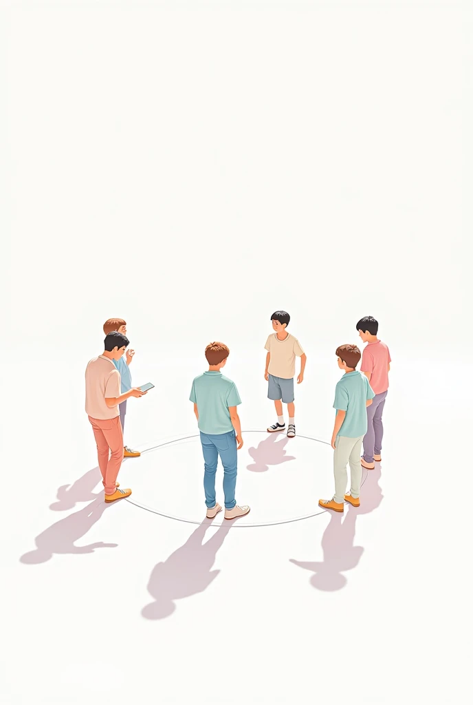 generate a drawing of a circle with 5 boys with colored outlines. with pastel colored clothes. at an angle seen from above. a more open circle, with space for text in circle with white background in circle from far away