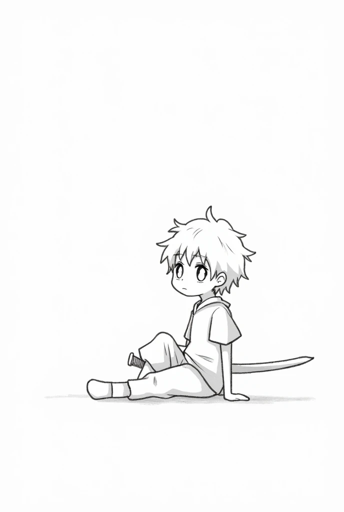 make a pencil drawing of a simple anime style boy, sitting on the floor with his sword at his side looking to the side, white background, Far away perspective