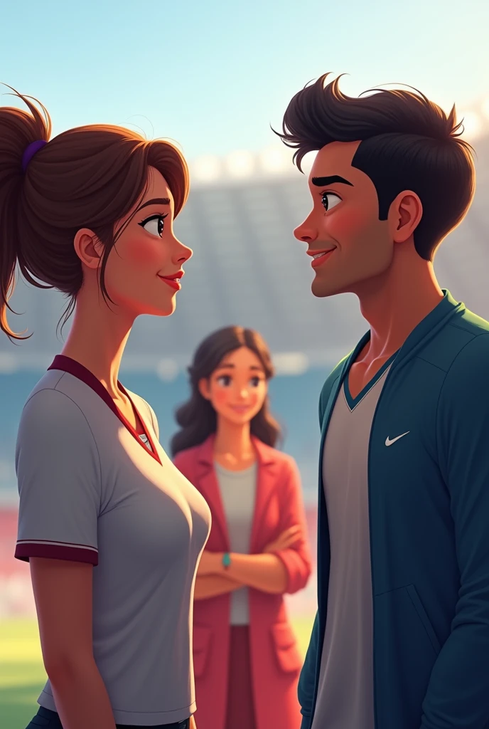 Claudia, a brown-haired woman with her hair up, and Ricardo, a black-haired man with an expression of respect and mutual understanding. Sofia black-haired woman smiles in the background, showing satisfaction for the fair resolution, with the stadium background clear. The light is soft to convey a sense of positive resolution and learning.. Put realistic and lively characters all this is set in the Olympics