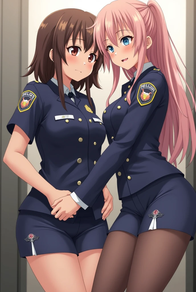 2girls,roromiya,ririchiyo, lesbian, yuri, tiny breasts, sweaty, stripping off police uniform, in a changing room,masterpiece, best quality