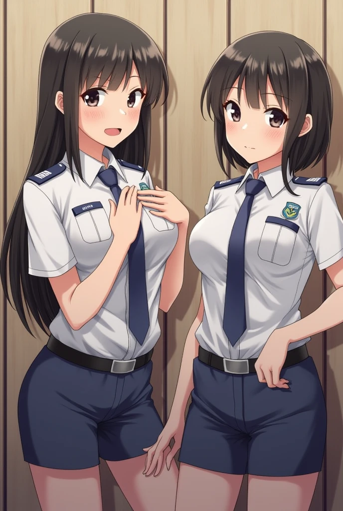 2girls,roromiya,ririchiyo, lesbian, yuri, tiny breasts, sweaty, stripping off police uniform, in a changing room,masterpiece, best quality