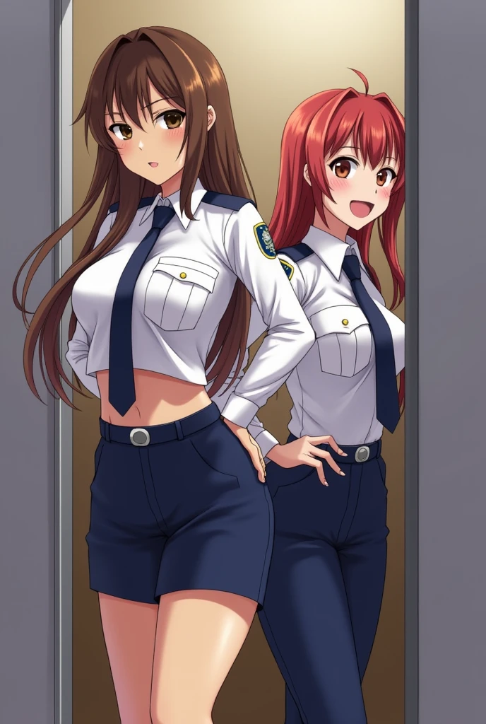 2girls,roromiya,ririchiyo, lesbian, yuri, tiny breasts, sweaty, stripping off police uniform, in a changing room,masterpiece, best quality