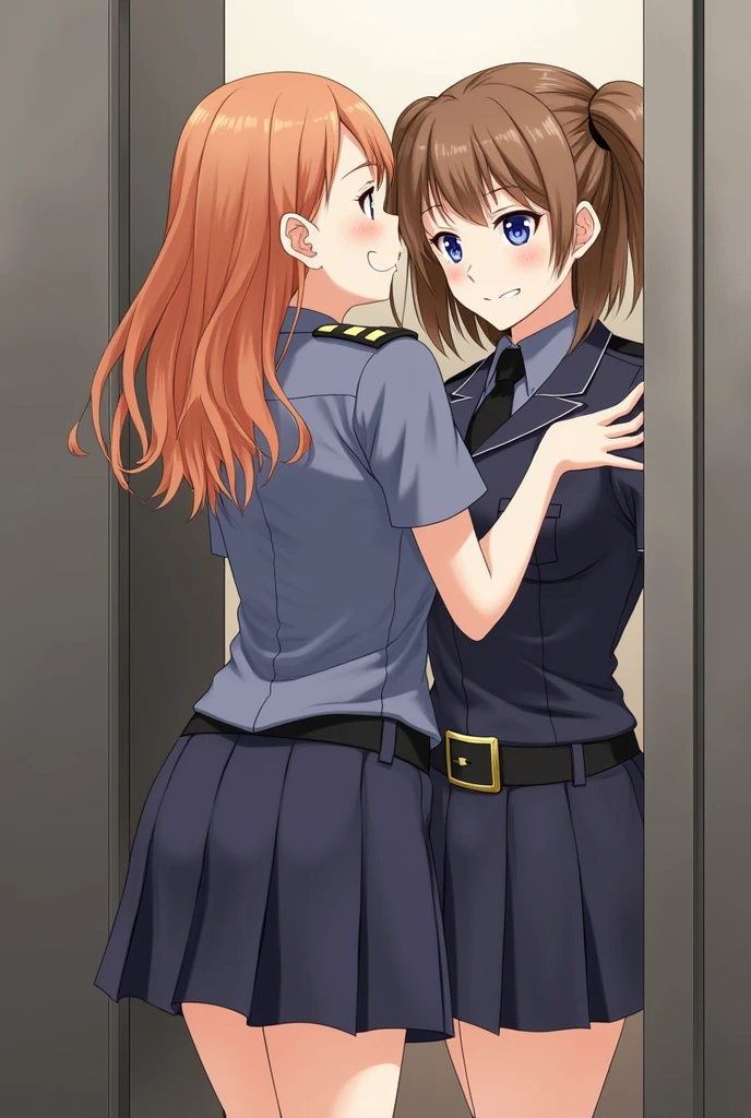 2girls,roromiya,ririchiyo, lesbian, yuri, tiny breasts, sweaty, stripping off police uniform, in a changing room,masterpiece, best quality