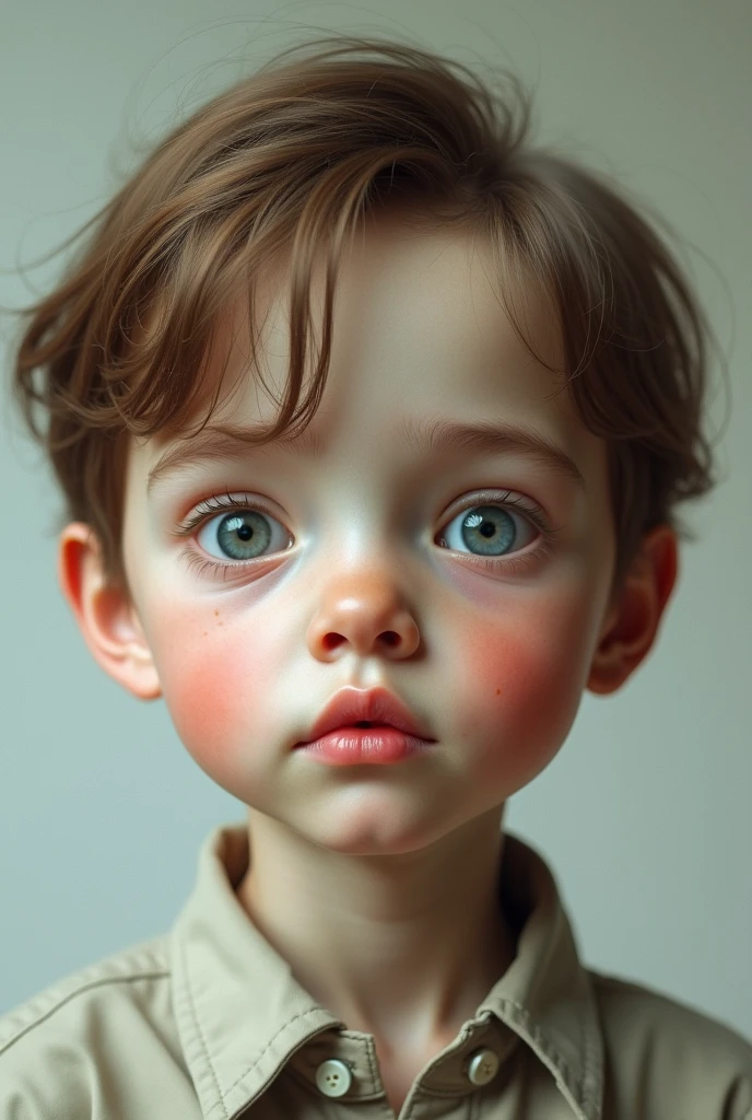 Boy with giant forehead and miniature face brown hair
