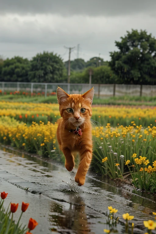 Orange kitten running through rain, flower field in background, cartoon style