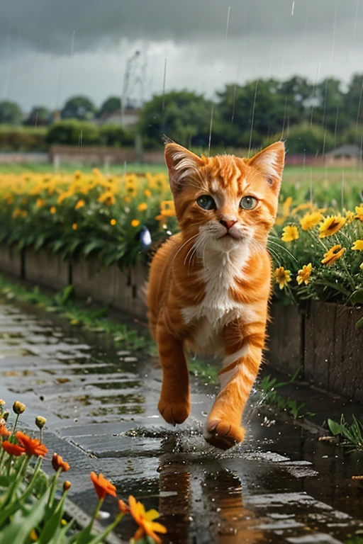 Orange kitten running through rain, flower field in background, cartoon style