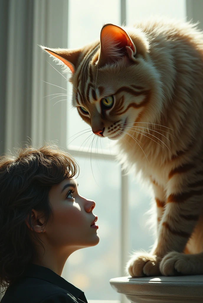 A cat looking down at a human and talking