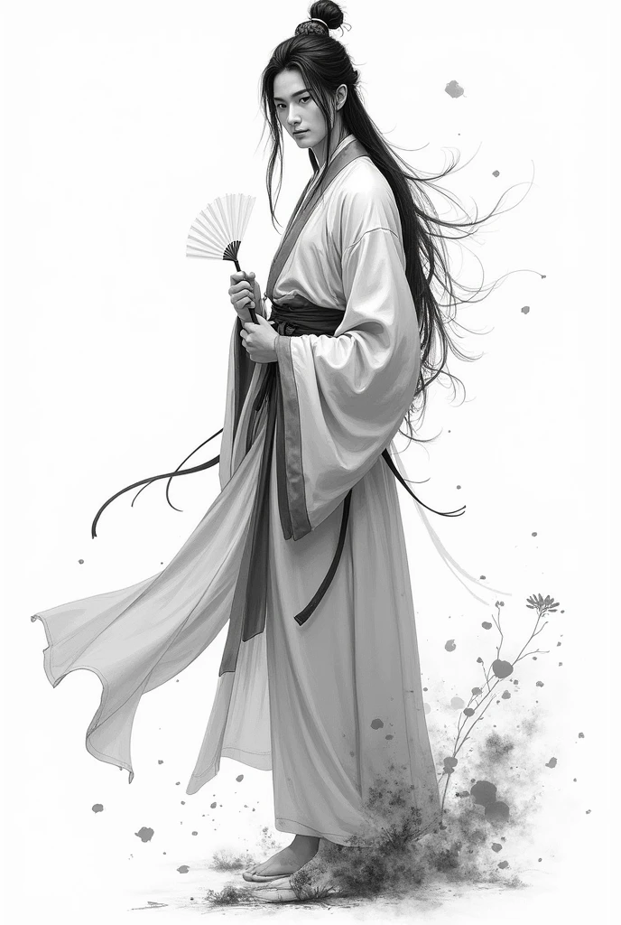 bloom, monochrome, Ink Sketch, 1 male, Asia (Young male), (Long hair), Looking at the audience,Hand holding folding fan, Hanfu, Chinese clothes, Long sleeve, (abstract ink splash:1.2), White background