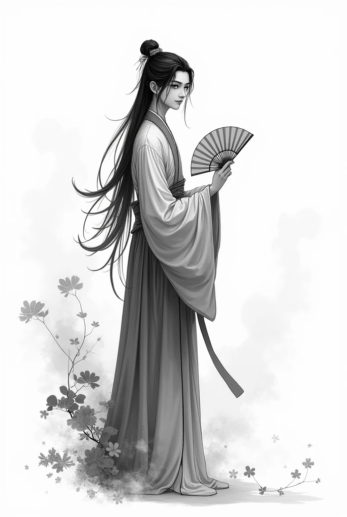 bloom, monochrome, Ink Sketch, 1 male, Asia (Young male), (Long hair), Looking at the audience,Hand holding folding fan， Hanfu, Chinese clothes, Long sleeve, (abstract ink splash:1.2), White background