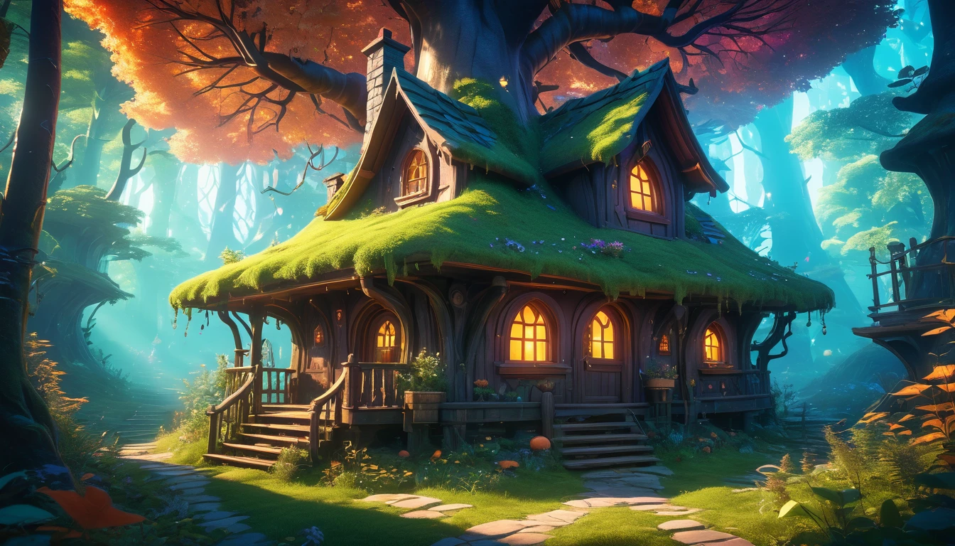 (anime, fantasy, witch house), (detailed CG unity 8k wallpaper, masterpiece, best quality, hyperdetailed, HDR:1.2), vibrant colors, A sole small witch house in an enchanted bioluminescent forest, {unique shape}, {wonky house}, chimney, cartoon. magical forest, enchanted, beautiful, ethereal lighting, lens flare