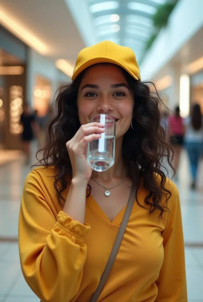 Beautiful latina woman with yellow baseball cap (drinking water inside modern shopping mall), Highly Detailed, 25 years old, innocent face, natural wavy hair, High Resolution, Masterpiece, Best Quality, Intricate Details, Highly Detailed, Sharp Focus, Detailed Skin, Realistic Skin Texture, Detailed Eyes, Professional, 4k, Charming Smile, Shot on Canon, 85mm, Depth of Field, Kodak Vision Color, Perfect Fit Body, Extremely Detailed, Photo_(ultra\), photoRealistic, Realistic, Post Processing, Maximum Detail, Roughness, Real Life, Ultra Realistic, photorealism, photography, 8k hd, photography Hyper-realistic image with a lens aperture of 1.4 at a focal length of 50mm.