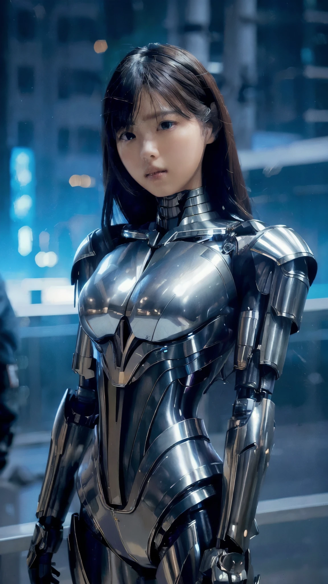 Highest quality, masterpiece, figure, (Realistic, photo-Realistic:1.37), wonderful, In detail, Incredibly absurd, Large file size, Very detailed, High resolution, Very detailed CG Unity 8k wallpaper, Very detailed目と顔, Ray Tracing, Browsing Caution, NUDE, One girl, Korean cyborg girl is innocent and young々Has a sly expression. She poses boldly with her arms raised above her head, Revealing her voluptuous figure. She is wearing a small black mecha armor top that barely covers her breasts., Exposing most of her flawless skin. Her shoulders and head have more armor detailing.、There are shining highlights, Tech Panels and Mechanisms. She is standing against a futuristic cityscape lit up with vibrant neon lights.、Standing full of energy。.