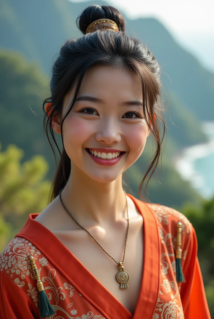 Photo of a 27-year-old woman, Grinning, with a slightly oriental face and a landscape in the background