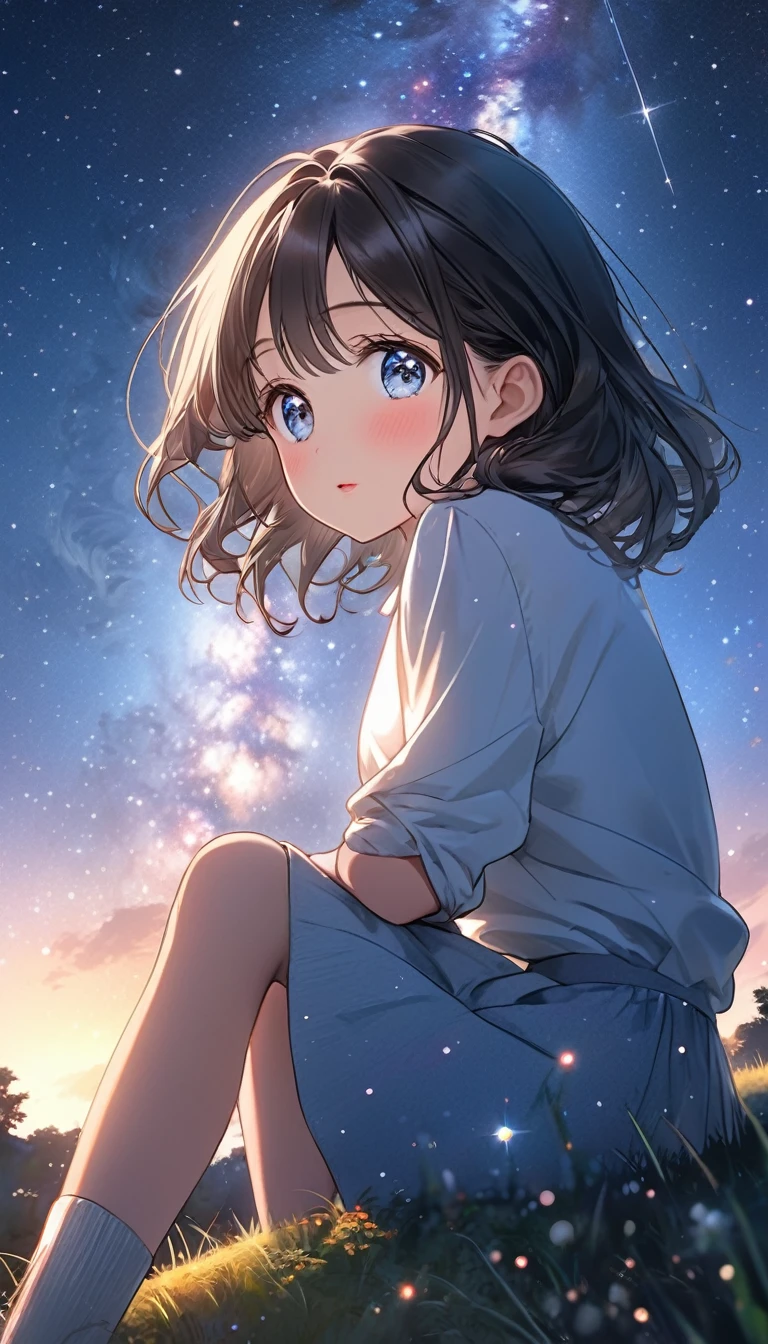 anime girl sitting on a hill. Milky Way, Beautiful animated pictures, Precise face, sparkling eyes, Draw a realistic picture of a cute girl., animation style. 8kg