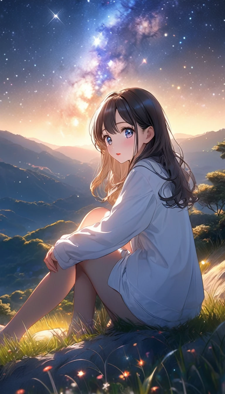 anime girl sitting on a hill. Milky Way, Beautiful animated pictures, Precise face, sparkling eyes, Draw a realistic picture of a cute girl., animation style. 8kg