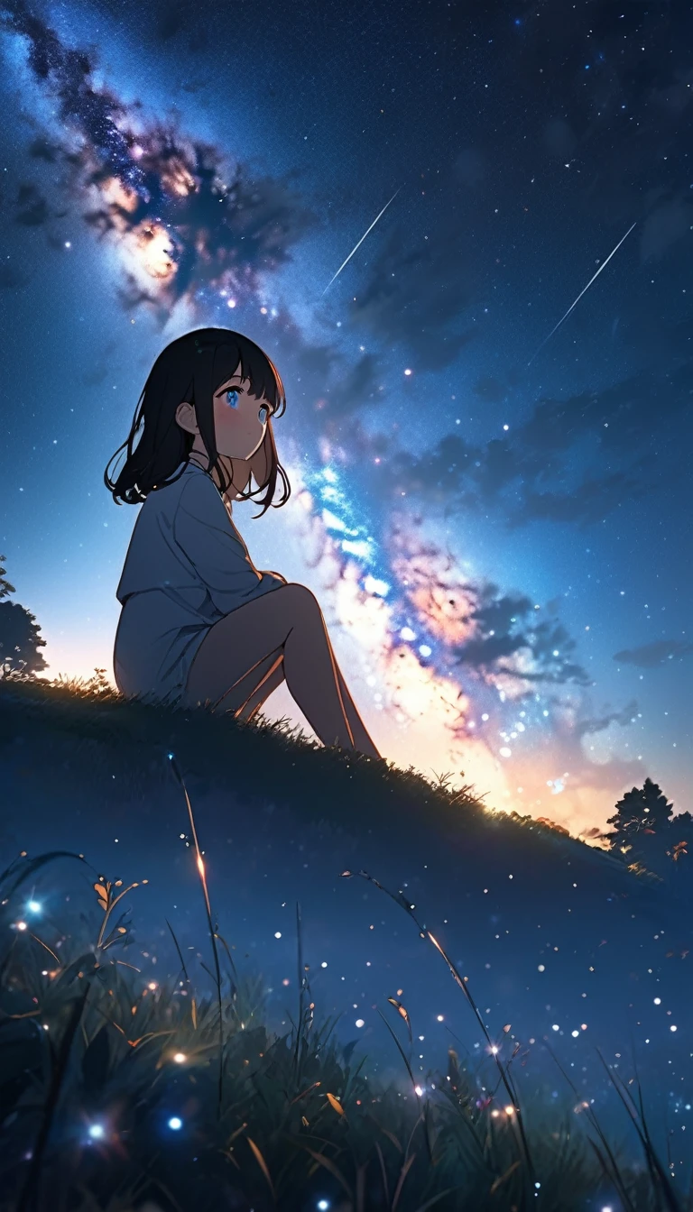 anime girl sitting on a hill. Milky Way, Beautiful animated pictures, Precise face, sparkling eyes, Draw a realistic picture of a cute girl., animation style. 8kg