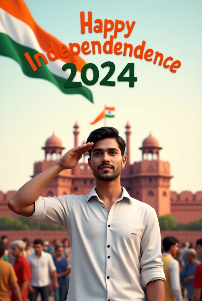 Create a 3D image of 22 years old boy is wearing White color shirt and saluting to indian flag and behind him red fort placed a hoisting flag on that, written Happy Independence Day 2024" on the sky and "Amit" is written on his shirt with bold letters and also in overall image has the divine background like indian republic day. Everyone is celebrating. 
