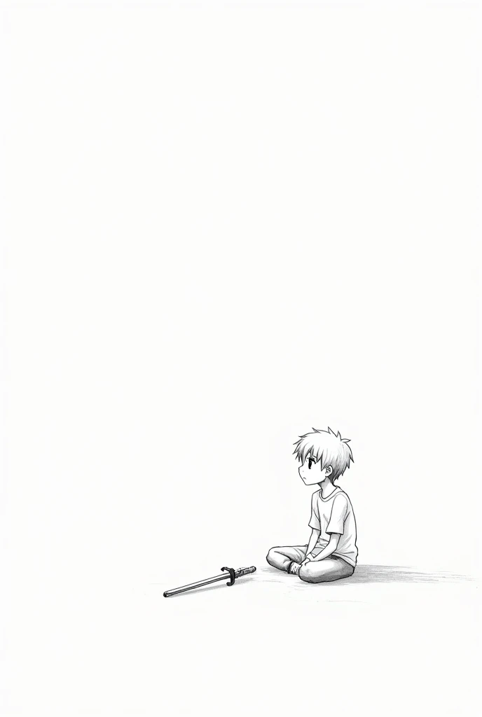make a pencil drawing of a simple anime style boy, sitting on the floor with his sword at his side looking to the side, white background, Far away perspective