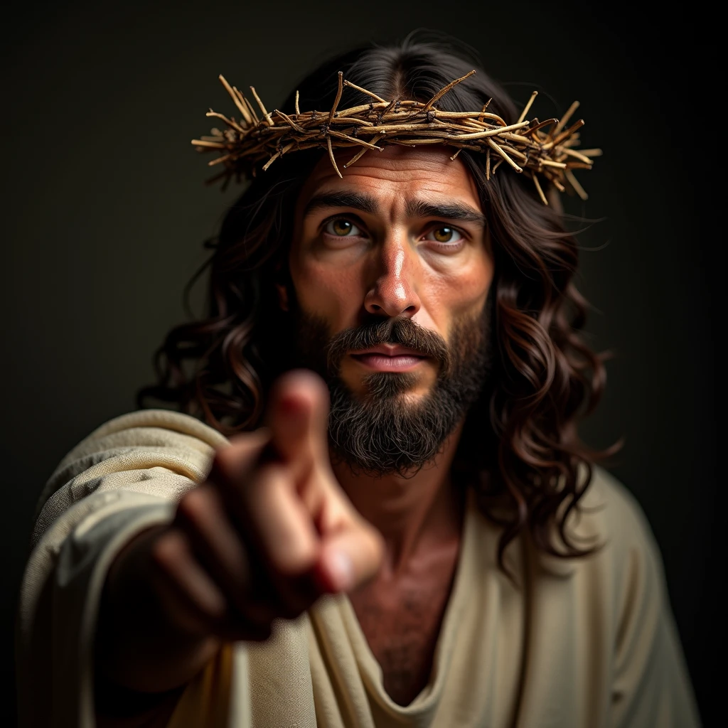 A highly realistic portrayal of Jesus, centered in the frame, wearing a crown of thorns. He is looking directly forward, with a natural expression, and pointing his finger towards the viewer. The image is captured in stunning 4K resolution with high detail,   fine details of his face and clothing, studio lighting, foto de média distância,well lit, bright lighting