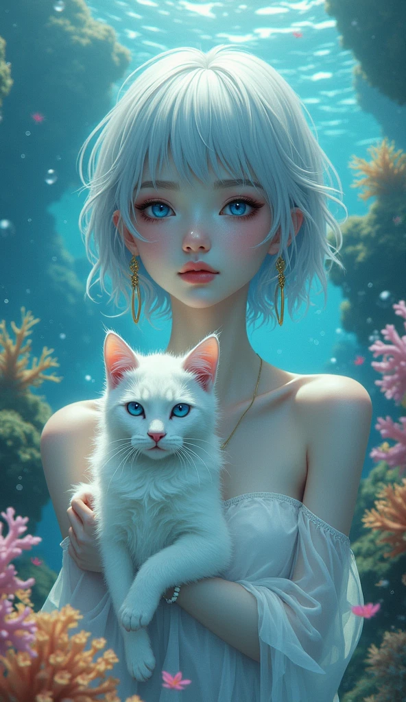 masterpiece, best quality, 8K resolution, very detailed, hairy,blue eyes, gray hair, Short hair, water elements, Underwater background, White cat, White skin, white stripes, White bracelet, corals,bubble, Gold earrings