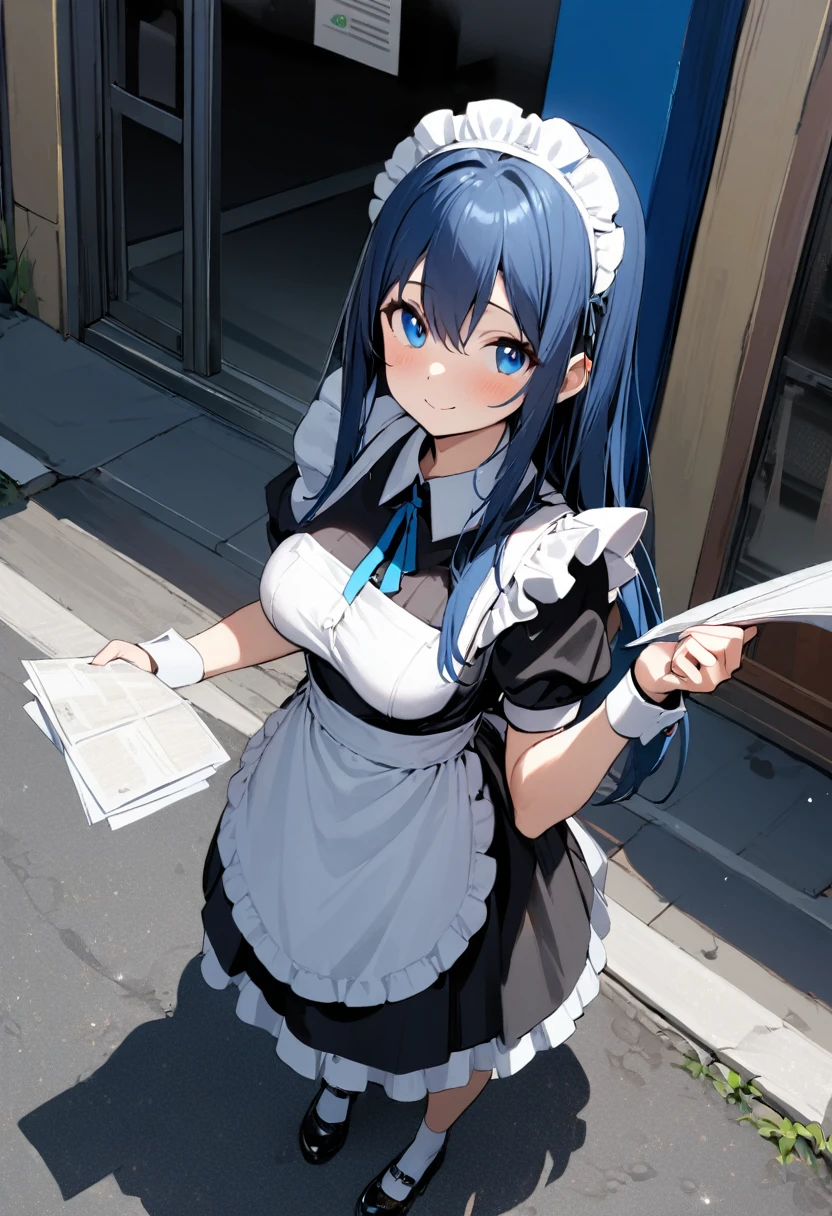 (((1girl))), ((teenage)), ((young girl)), ((young age)), (()), whole body, large breasts, ((maid apron)), (((straight hair))), (long hair), midnight blue hair, blue eyes, tareme, smile, Distributing papers, Handing out papers, maid, maid headdress, sidewalk, street, blue sky, from above, masterpiece, best quality, high details, anatomically correct, high quality