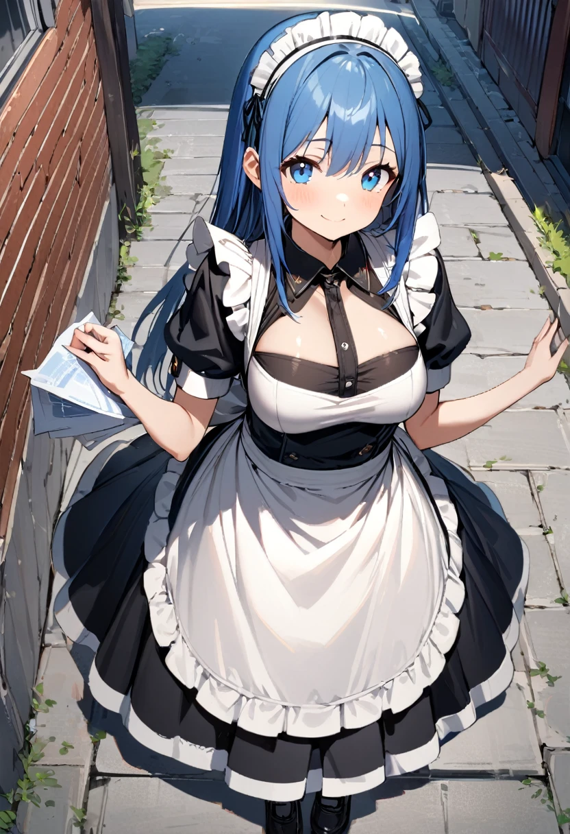 (((1girl))), ((teenage)), ((young girl)), ((young age)), (()), whole body, large breasts, ((maid apron)), (((straight hair))), (long hair), midnight blue hair, blue eyes, tareme, smile, Distributing papers, Handing out papers, maid, maid headdress, sidewalk, street, blue sky, from above, masterpiece, best quality, high details, anatomically correct, high quality