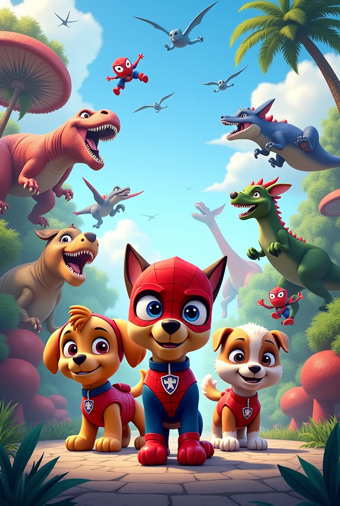 Spider-Man Party Invitation, and the paw patrol dressed up in spiderman outfits and dinosaurs in the background
