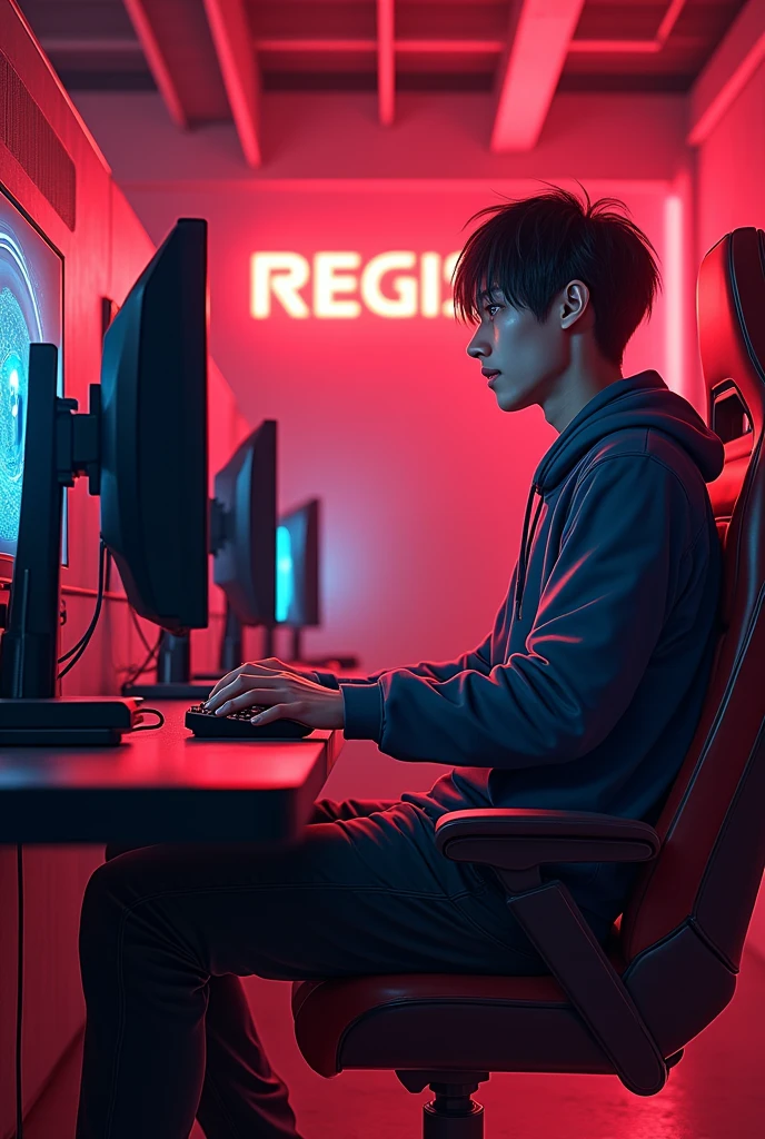 Man playing in front of a bench with two monitors and a p5, bench with red neon on top, In the background behind the player there is a red neon sign with the words REGIS X20 written on it, all more technological and with an anime look.
