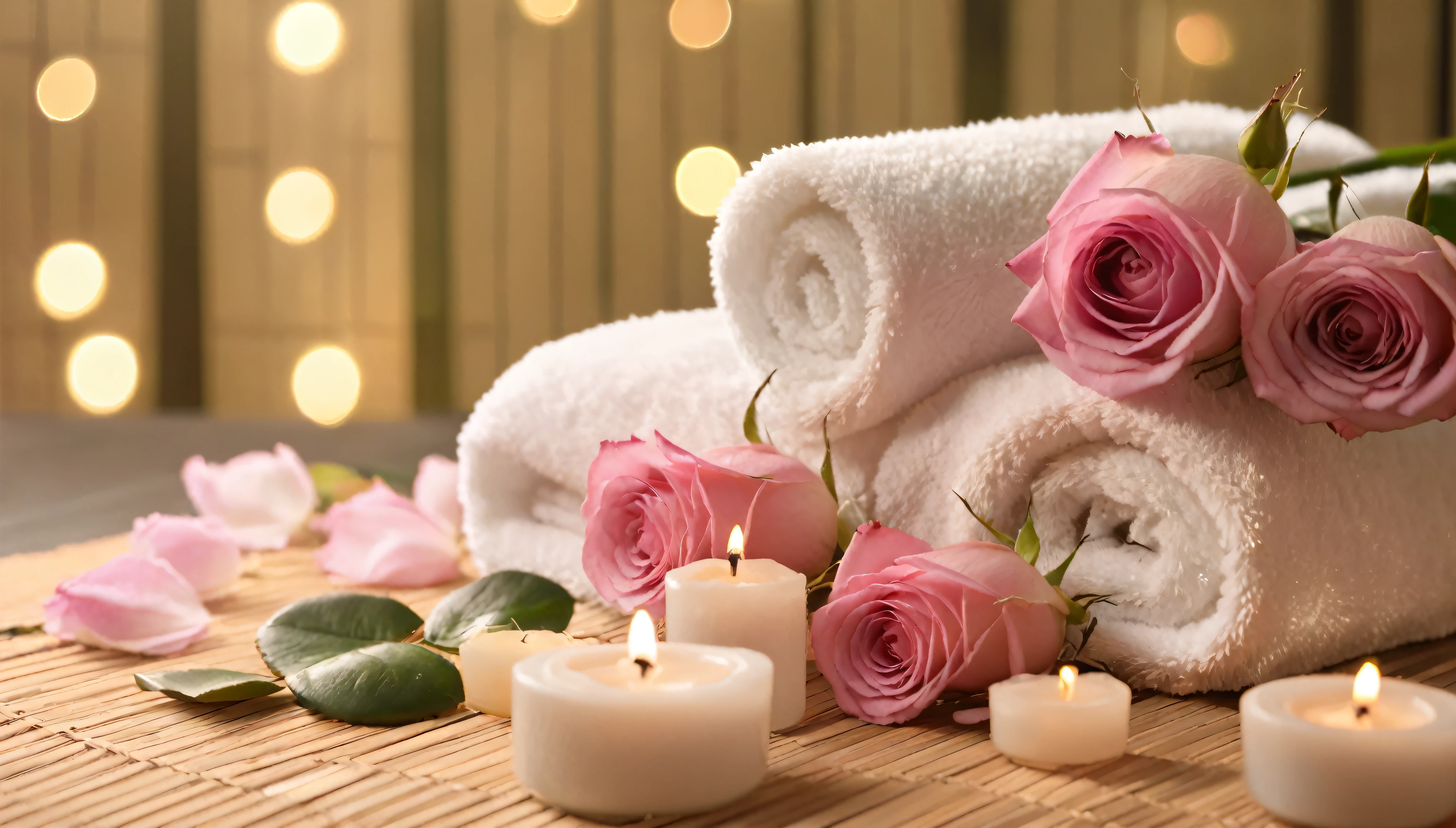 A towel and pink roses are placed on a bamboo mat with a brush, Soft glow, beautiful and soft lighting, Romantic atmosphere, Pale pink, relaxed mood, Soft morning lighting, Soft morning light, Romantic atmosphere, Roses in the Light of the Movie, Beautiful atmosphere, Beautiful soft lighting, Beautiful atmosphere, Romantic atmosphere, Soft night lighting, Soft and warm light, Relaxed atmosphere、8K