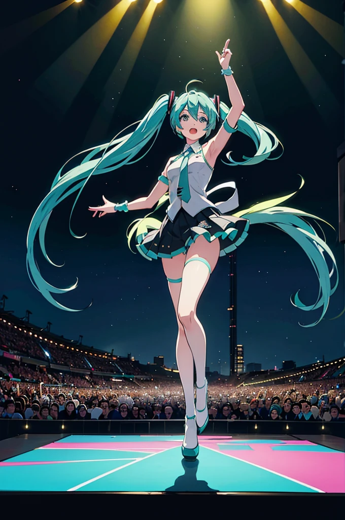 Hatsune Miku singing and dancing at a concert, stage, lights, horizontal view, there are fanatical fans in the distance holding light signs and glow sticks, panoramic view, full body