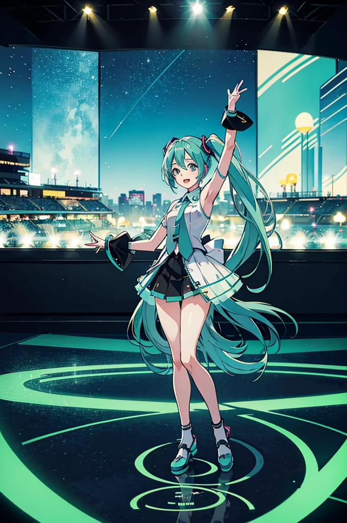 Hatsune Miku singing and dancing at a concert, stage, lights, horizontal view, there are fanatical fans in the distance holding light signs and glow sticks, panoramic view, full body