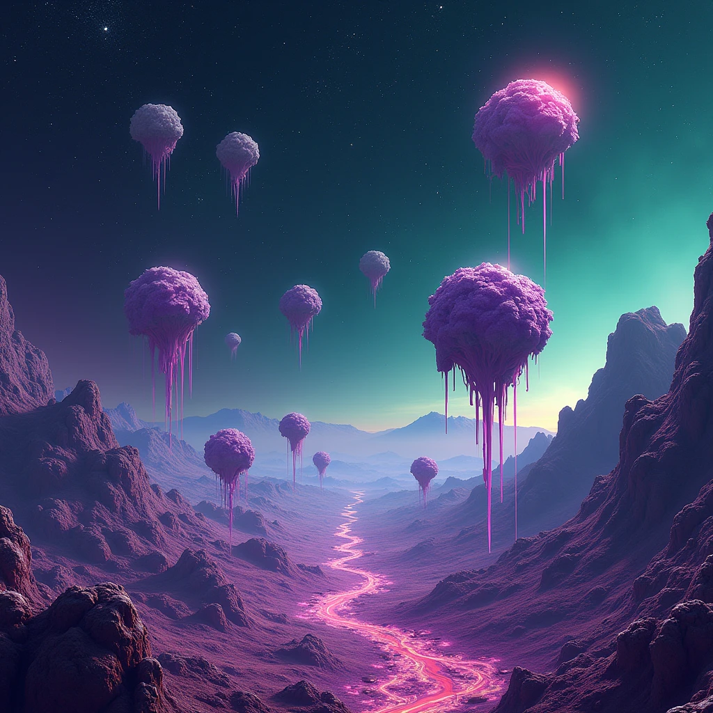 Outer space with neon green and violet tones, some asteroids shaped like marijuana flowers