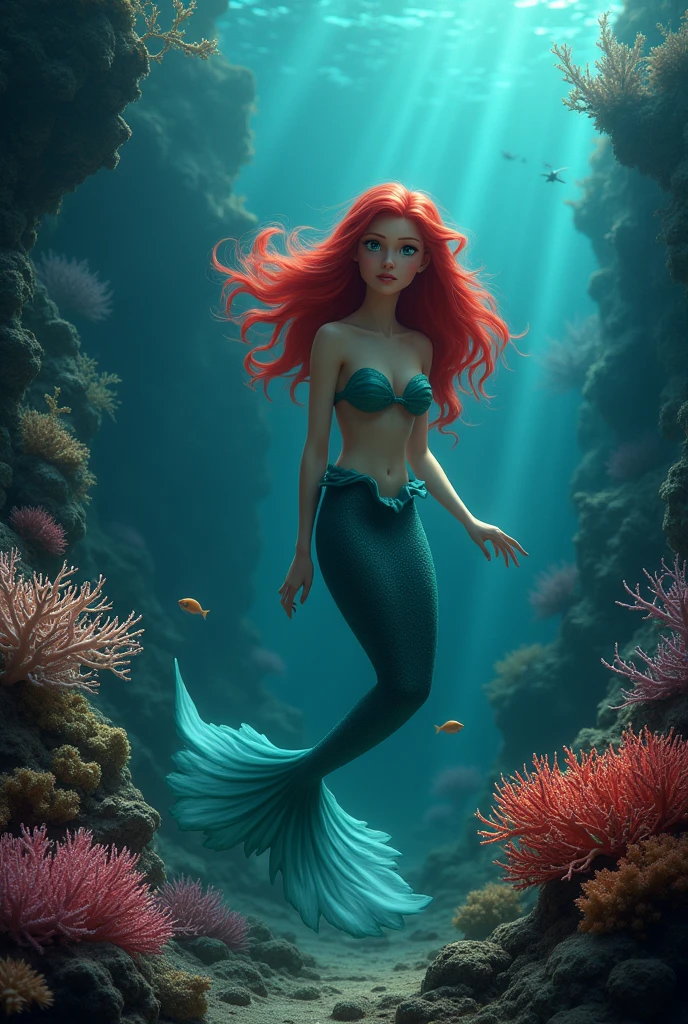 "Create a realistic underwater scene featuring a young mermaid named Ariel, with long flowing red hair and a curious expression. The ocean is deep and mysterious, with darker tones to hint at an ominous presence. The environment is filled with colorful coral, but with shadows creeping in, indicating a story that is not the usual cheerful tale." Realistic like a jung woman