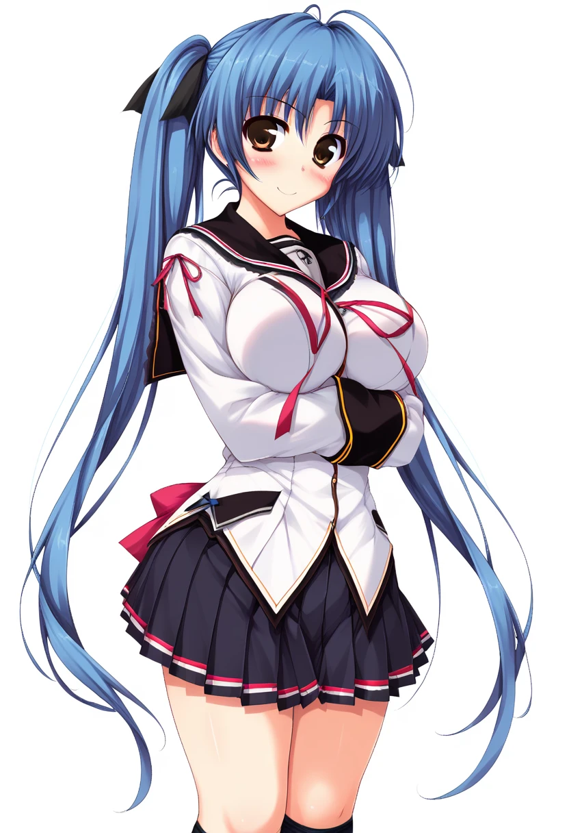 score_9, score_8_superior, score_7_superior BREAK 1girl, alone, Blue Hair, Long Hair, Twin tails, thick Twin tails, Brown eyes, A light smile, blush, school uniform, skirt, pleated skirt, Black knee socks, (Black Ribbon:0.8), Large Breasts, Arms crossed, Portraiture, White Background, Hitoshi Oshiki 