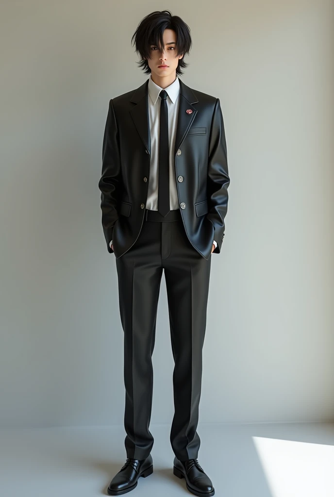 Tall, thin man with slightly long hair and wearing a leather jacket and dress pants, dress shirt and tie, 19 years old