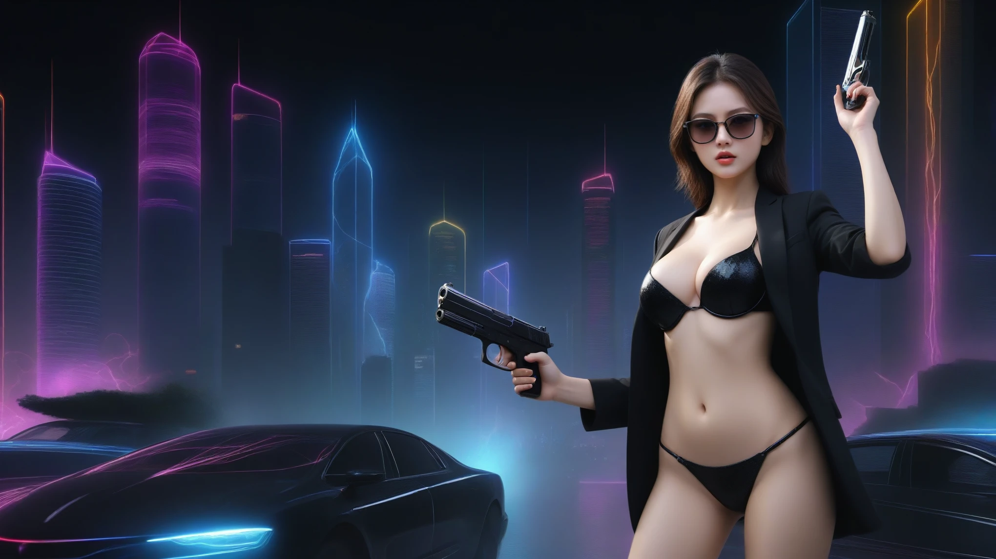 A sexy young slim woman wearing a black suit and dark glasses stood still, (holding a short gun), large-breast cleavage. The background is full of Sparkling, colorful electricity and colorful visual effects. Realistic style and high definition Dynamic poses and stunning lighting.