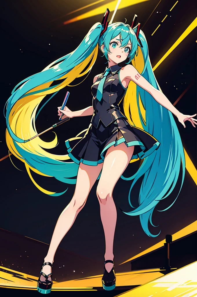 Hatsune Miku singing and dancing at a concert, stage, lights, horizontal view, there are fanatical fans in the distance holding light signs and glow sticks, panoramic view, full body