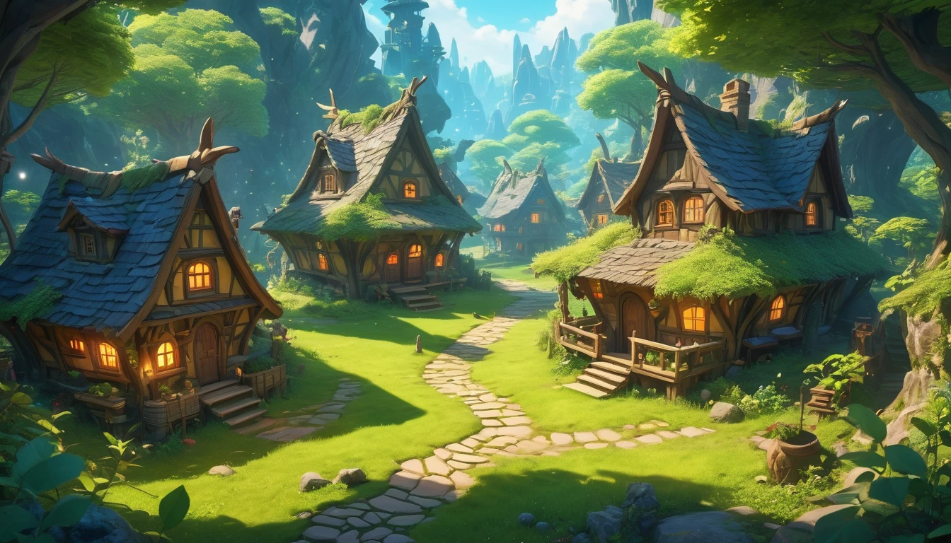 (anime, fantasy, goblin village), (detailed CG unity 8k wallpaper, masterpiece, best quality, hyperdetailed, HDR:1.2), vibrant colors, A small goblin village in an enchanted bioluminescent forest, unique shape, wonky houses, small houses. cartoon style, magical forest, enchanted, beautiful, ethereal lighting, view from above, lens flare