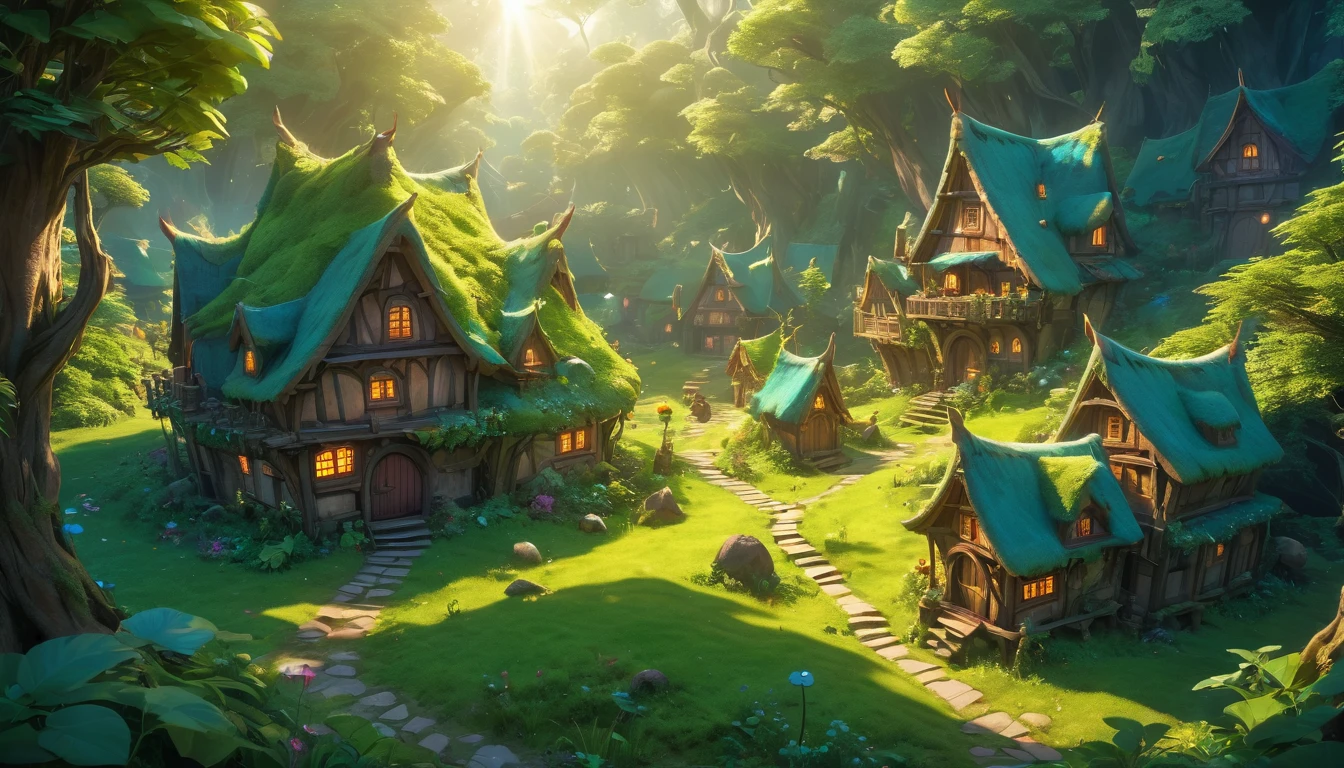 (anime, fantasy, goblin village), (detailed CG unity 8k wallpaper, masterpiece, best quality, hyperdetailed, HDR:1.2), vibrant colors, A small goblin village in an enchanted bioluminescent forest, unique shape, wonky houses, small houses. cartoon style, magical forest, enchanted, beautiful, ethereal lighting, view from above, lens flare