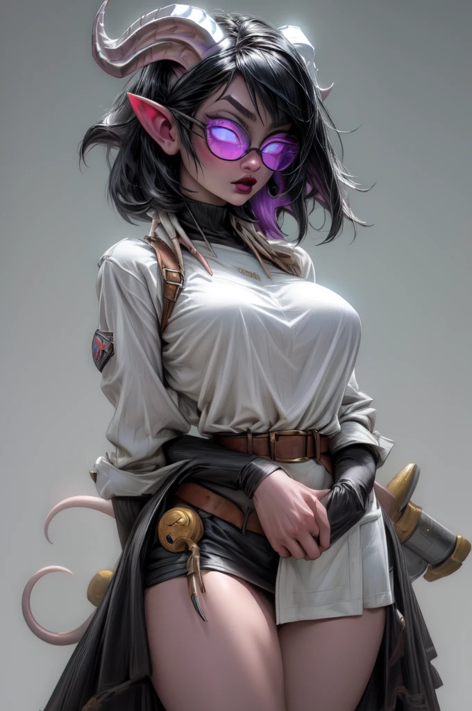 masterpiece, best quality, 1girl, solo, draenei, glowing eyes, colored sclera, tail ornament, hooves, white skin, blue eyes, black hair, shiny silver pouty lips, (tentacle hair:0.8), close-up, upper body, hair ornament, plump and large breasts, shiny skin, shiny silver lipstick, goggles , bob hair cut, fantasy, magic, psy powers, leather apron, toolbelt, mechanic, glasses, apron pouch with tools