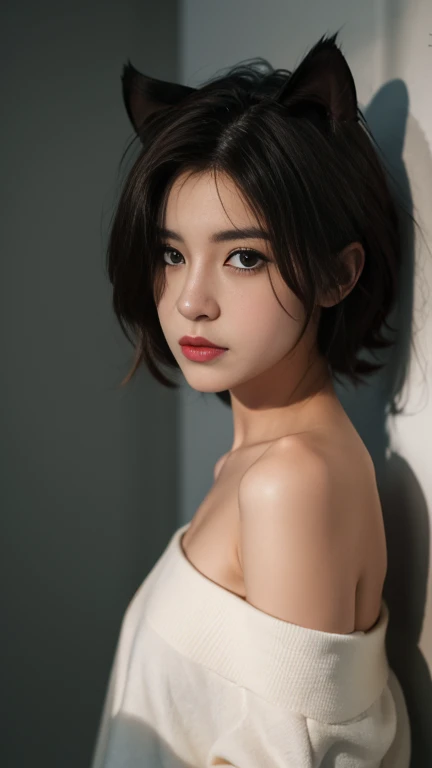 best quality, masterpiece, Ultra-high resolution, (Reality:1.5), RAW photos, 1 girl, Off-shoulder, in the darkness, Deep Shadows, Low profile, Cold Light, Sexy look, short hair, underwear,Cat ears,