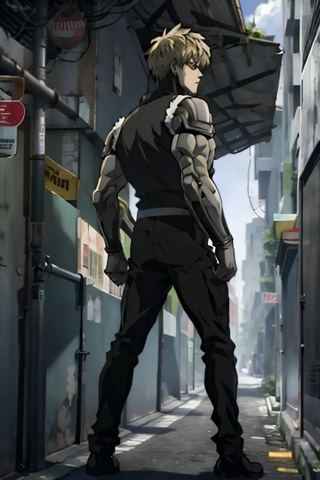 back genos, from the One Punch Man series, (backwards) (full body)