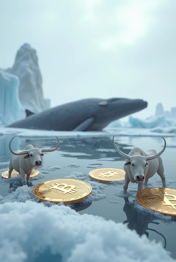 Bitcoin coins with whales in the snow and white bulls