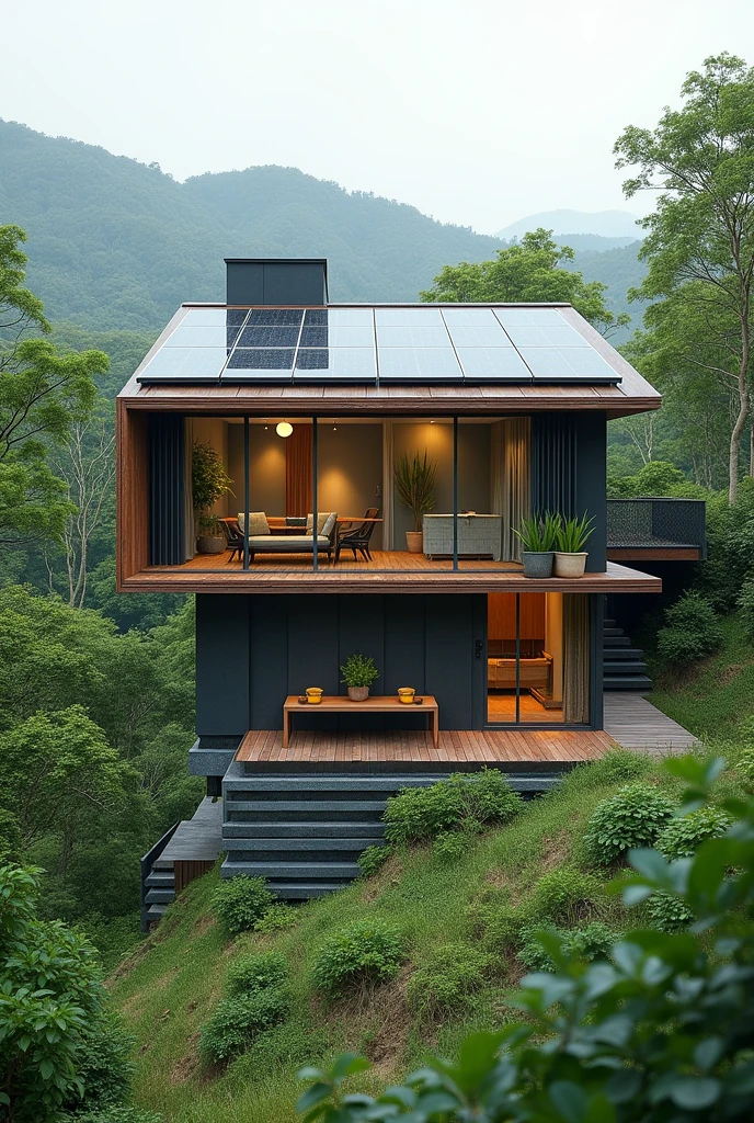 A house built from recyclable materials, with a modern and sustainable design. On top of the house, there are solar panels installed to generate clean energy. The house also has a rainwater reuse system., which collects rainwater from the roof and transports it to a water tank buried under the house. Inside the water tank, there is a pump that returns the water to be used in the house, completing a cycle of sustainability. The image reflects an ecological approach, with details that show the efficient use of natural resources.