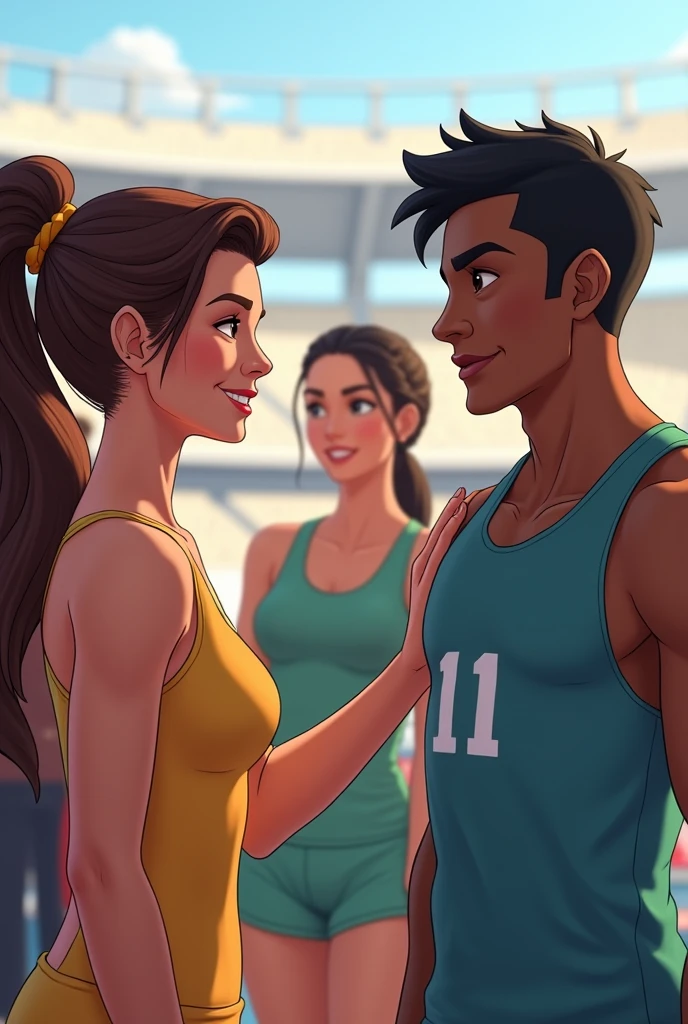 Claudia, a brown-haired woman with her hair up, and Ricardo, a black-haired man with an expression of respect and mutual understanding. Sofia black-haired woman smiles in the background, showing satisfaction for the fair resolution, with the stadium background clear. The light is soft to convey a sense of positive resolution and learning.. Put realistic and lively characters all this is set in the Olympics 
