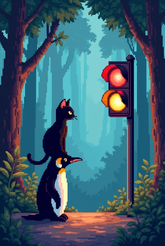 8-bit Commodore 64 style black cat sitting on top of a penguin looking at a traffic light with blue lights in a magical forest