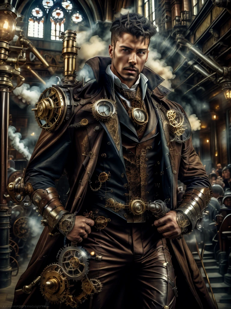Realistic, masterpiece, Highest quality, Cinema Lighting, Natural Shadows, Highest detail, Professional photography, Detailed Background, Depth of written boundary, Insane Details, Complex, beautiful, Detailed face, Scattered beneath the surface, Realistic hair, Realistic eyes, Muscular, Handsome photo (African), Steam 4RMOR, Wearing a steampunk robe and suit, Dynamic pose, Combat Stance, Steampunk Fantasy Background, cross, church,