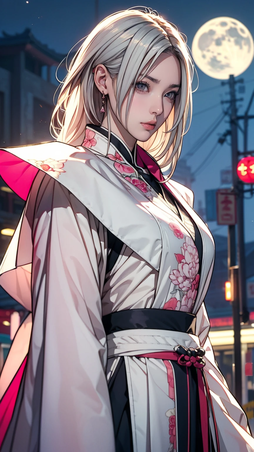 masterpiece, Highest, night, full moon, 1 female, Mature Woman, Chinese style, ancient China, sister, Royal Sister, Cold Face, Expressionless, A woman with long silvery white hair, Pale pink lips, Calm, intellectual, Slieban, Gray Hitomi, assassin, Long sword, Swordsman, Finding, Street view, Facial details,