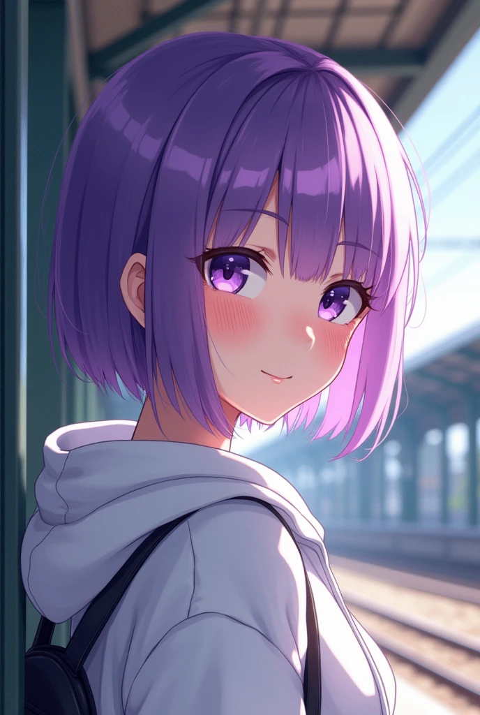 1 person、Short Bob Cut、Straight hair、Purple eyes、smile、Upper body close-up、From the side、Wearing a white hoodie、Railway station background
